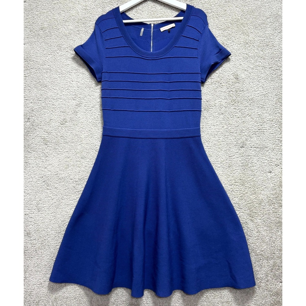 Rebecca Taylor Fit & Flare Dress Womens Large Blue Stretch Knit Minimalist
